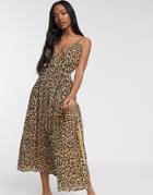 Asos Design Tie Wrap Around Crinkle Maxi Dress In Animal Print-multi