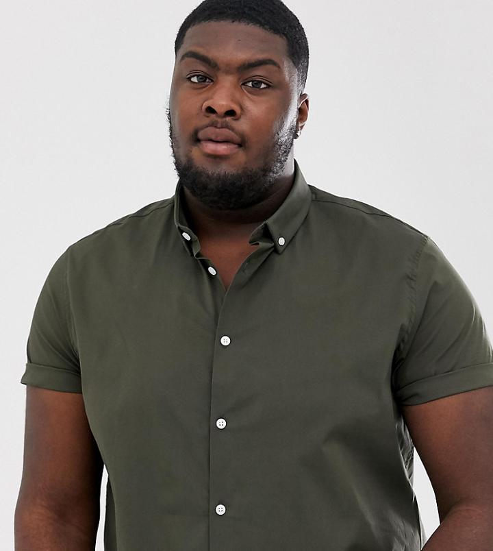 Asos Design Plus Regular Short Sleeve Shirt With Button Down Collar In Khaki-green