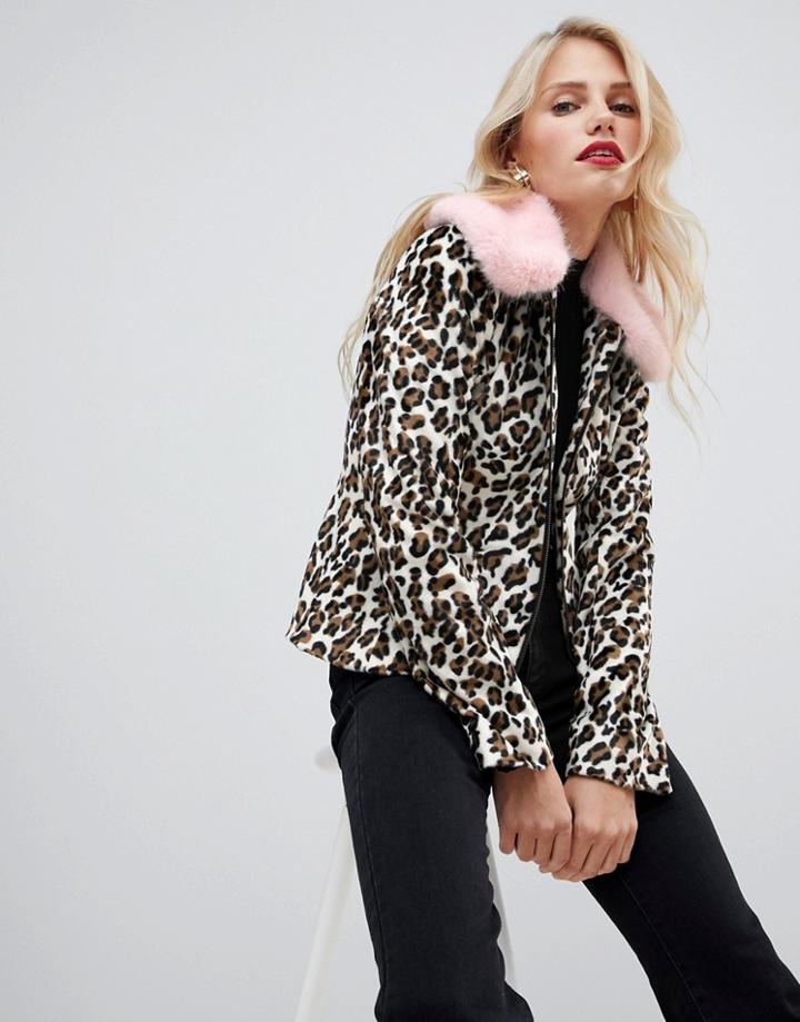 Helene Berman Leopard Print Jacket With Pink Faux Fur Collar - Brown