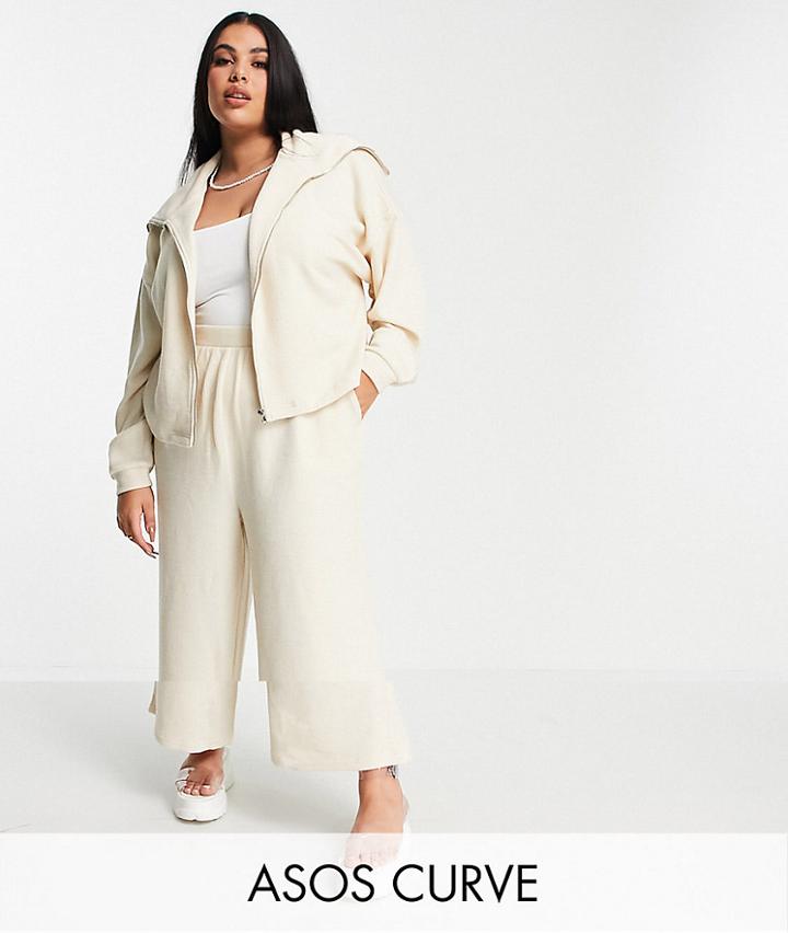 Asos Design Curve Tracksuit Zip Through Hoodie / Culotte Pant In Fluffy Texture In Beige-white
