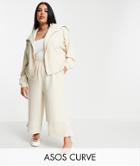 Asos Design Curve Tracksuit Zip Through Hoodie / Culotte Pant In Fluffy Texture In Beige-white
