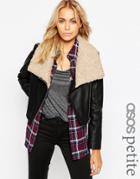 Asos Petite Biker Jacket With Borg Waterfall - Black