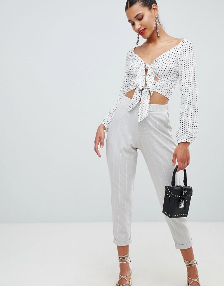 Prettylittlething Pinstripe Cropped Tailored Pants - Gray