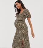 Asos Design Maternity Exclusive Animal Print Textured Midi Dress With Puff Sleeves - Multi