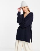 Topshop Knitted Oversized V Neck Sweater In Navy