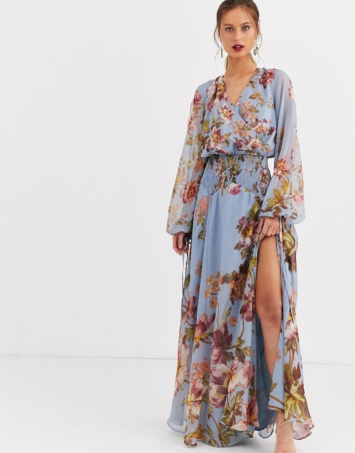 Asos Design Shirred Maxi Dress In Two Scale Floral Print-multi