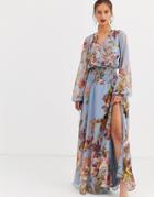 Asos Design Shirred Maxi Dress In Two Scale Floral Print-multi