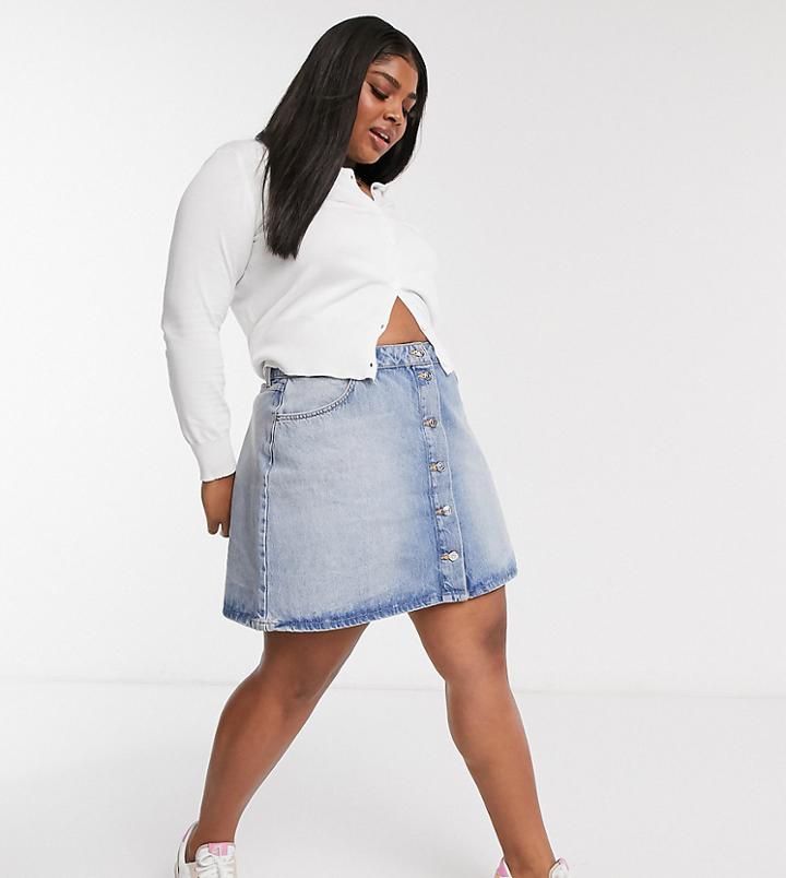 Asos Design Curve Denim Button Through Skirt In Blue