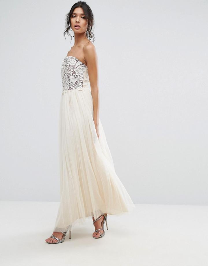 Little Mistress Lace Overlay Bandeau Maxi Dress - Beige