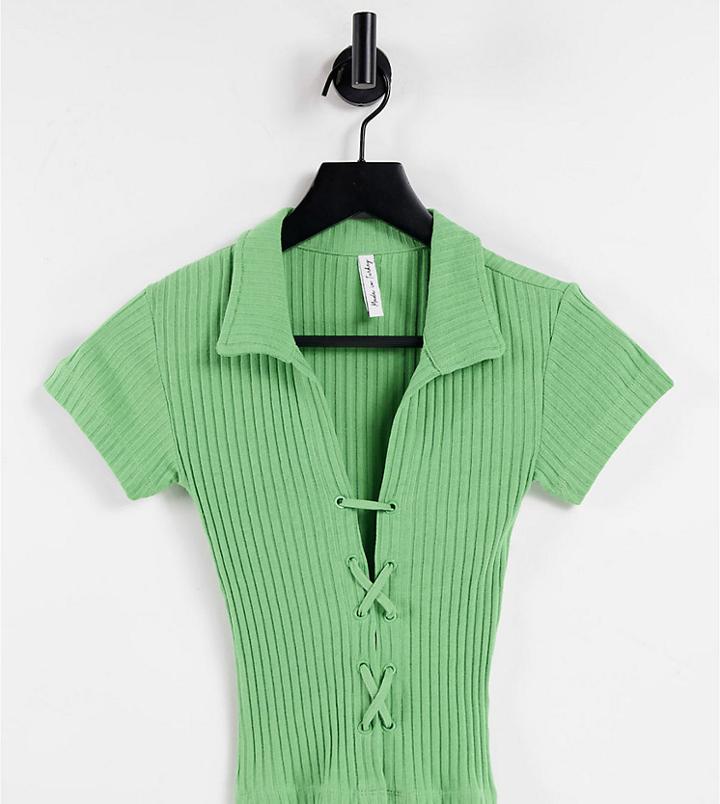Asyou Lace Up Rib Polo Top In Sage-green