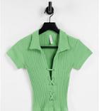 Asyou Lace Up Rib Polo Top In Sage-green