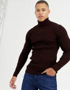 Asos Design Muscle Fit Ribbed Roll Neck Sweater In Burgundy