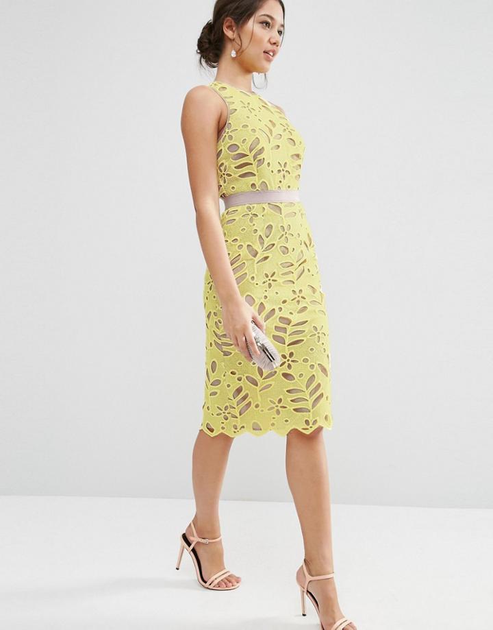 Asos Premium Lace Midi Pencil Dress With Contrast Seams - Lemon