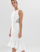 Chi Chi London Lace Insert Midi Dress With Dip Hem In White