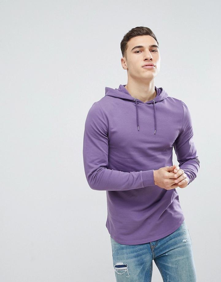 Asos Longline Muscle Hoodie With Curved Hem In Purple - Purple