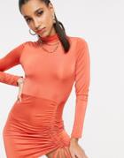 Femme Luxe Long Sleeve Ruched Tie Front Mini Dress In Rust-orange