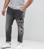 Only & Sons Plus Slim Fit Jeans With Rip Repair And Patch Details - Gray