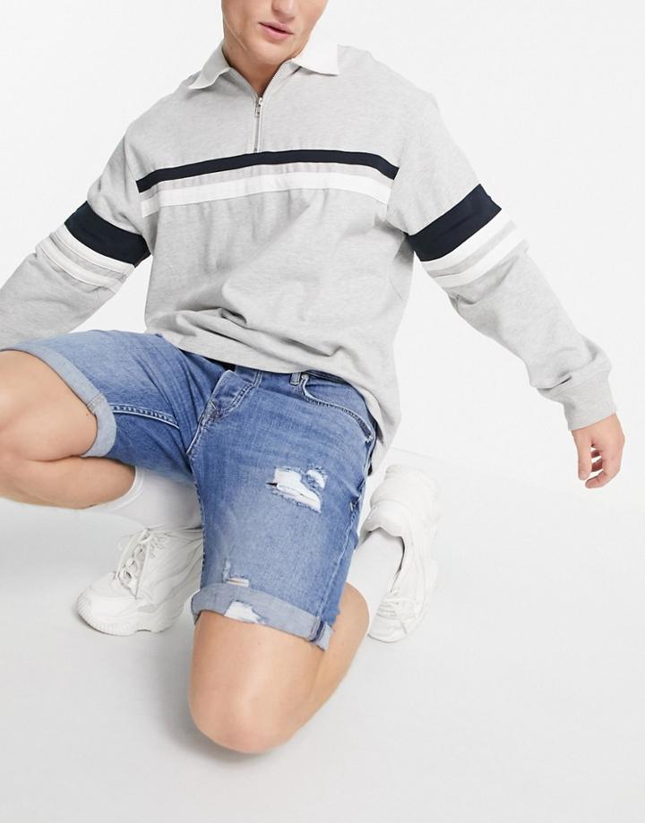 Topman Ripped Stretch Skinny Denim Shorts In Mid Wash-blues
