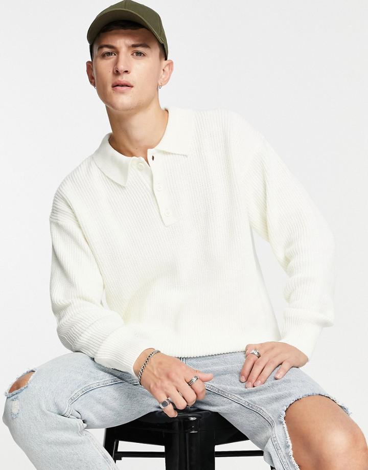 Topman Oversized Long Sleeve Knitted Polo In Ecru-white