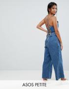 Asos Petite Denim Jumpsuit With Lace Up Back In Vintage Wash - Blue
