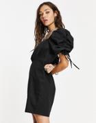 Topshop Textured Square Neck Mini Dress With Puff Sleeves In Black