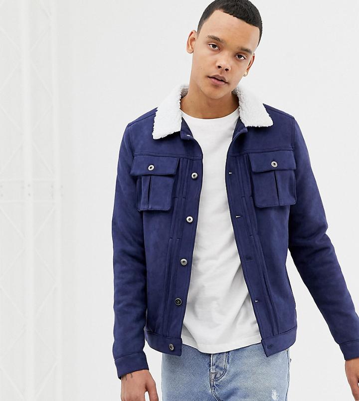 Another Influence Tall Faux Suede Jacket With Fleece Collar-navy