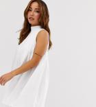 Asos Design Petite High Neck Mini Sleeveless Smock Dress-white