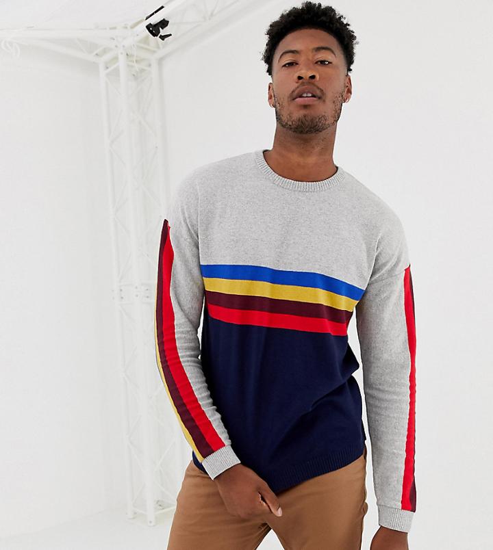 Asos Design Tall Sweater With Rainbow Chest And Sleeve Stripes - Gray