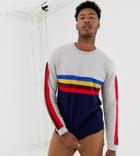 Asos Design Tall Sweater With Rainbow Chest And Sleeve Stripes - Gray