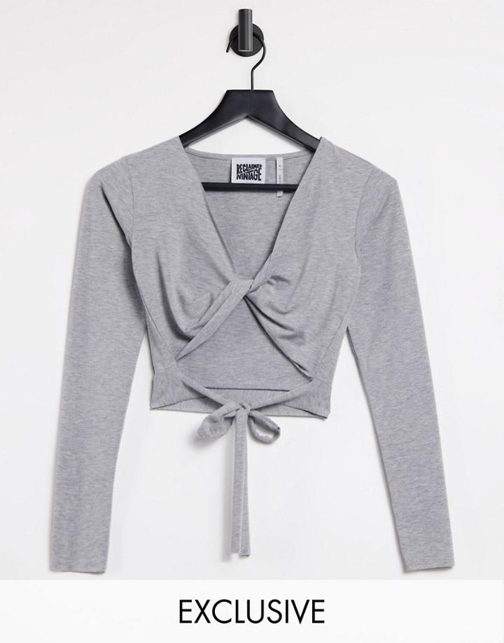 Reclaimed Vintage Inspired Twist Front Wrap Top In Gray Heather-grey