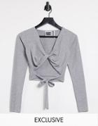 Reclaimed Vintage Inspired Twist Front Wrap Top In Gray Heather-grey