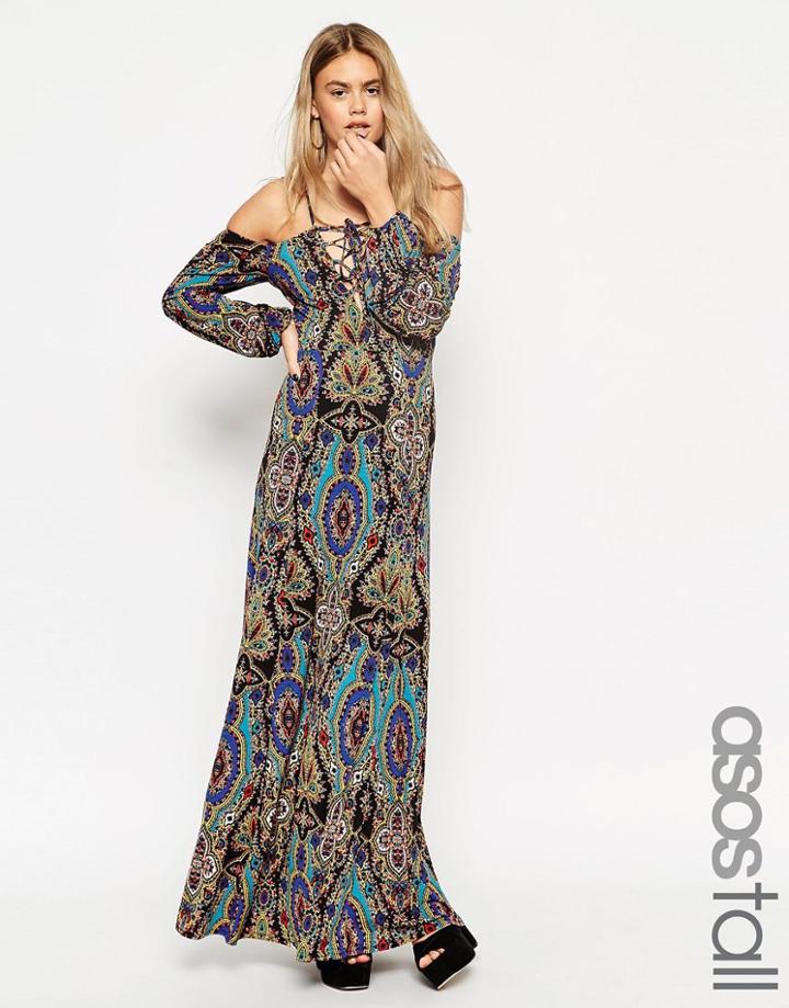 Asos Tall Maxi Dress With Cold Shoulder And Lace Up Front In Paisley - Print