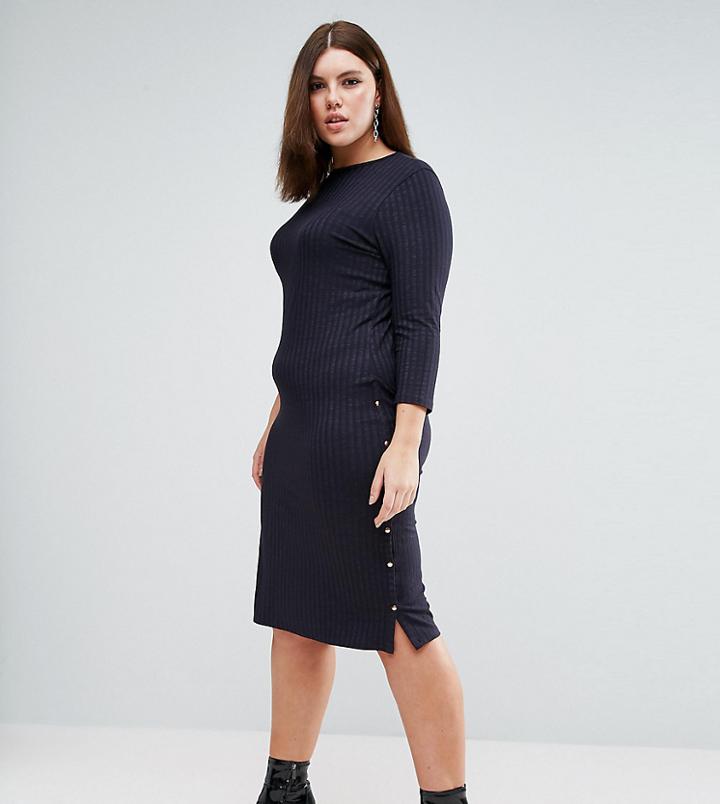Asos Curve Midi Dress Rib With Popper Side Splits - Black