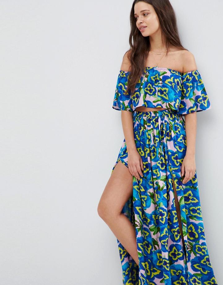 Asos Frill Beach Co Ord Top In Pansy Print - Multi