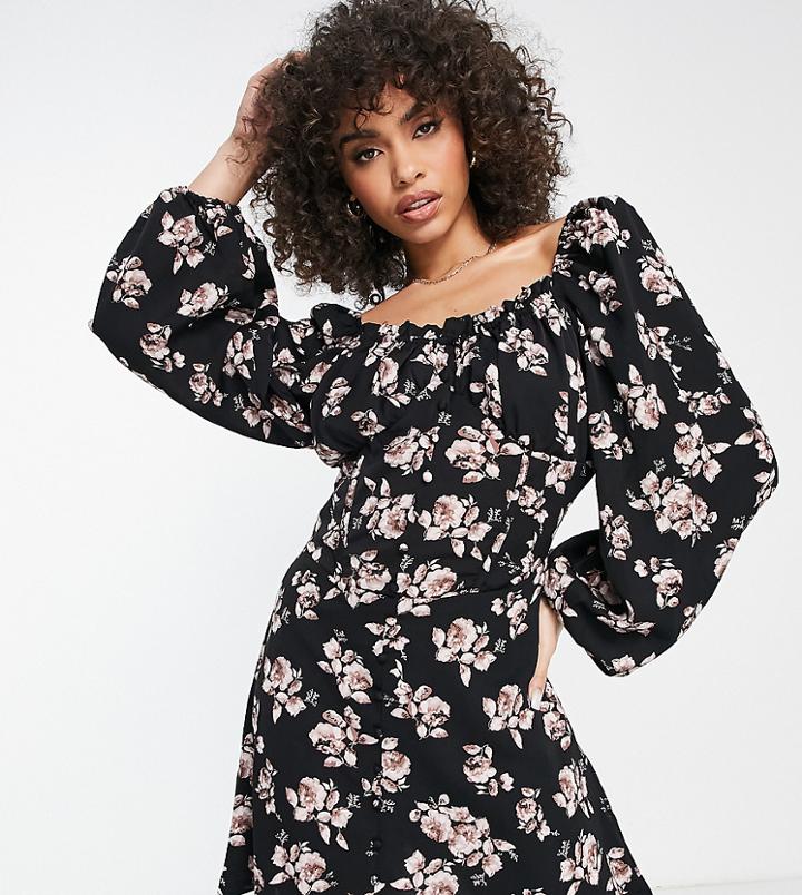 Missguided Floral Balloon Sleeve Mini Dress In Black