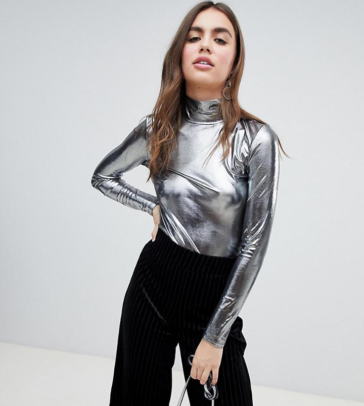 Monki Roll Neck Jersey Top In Silver Foil