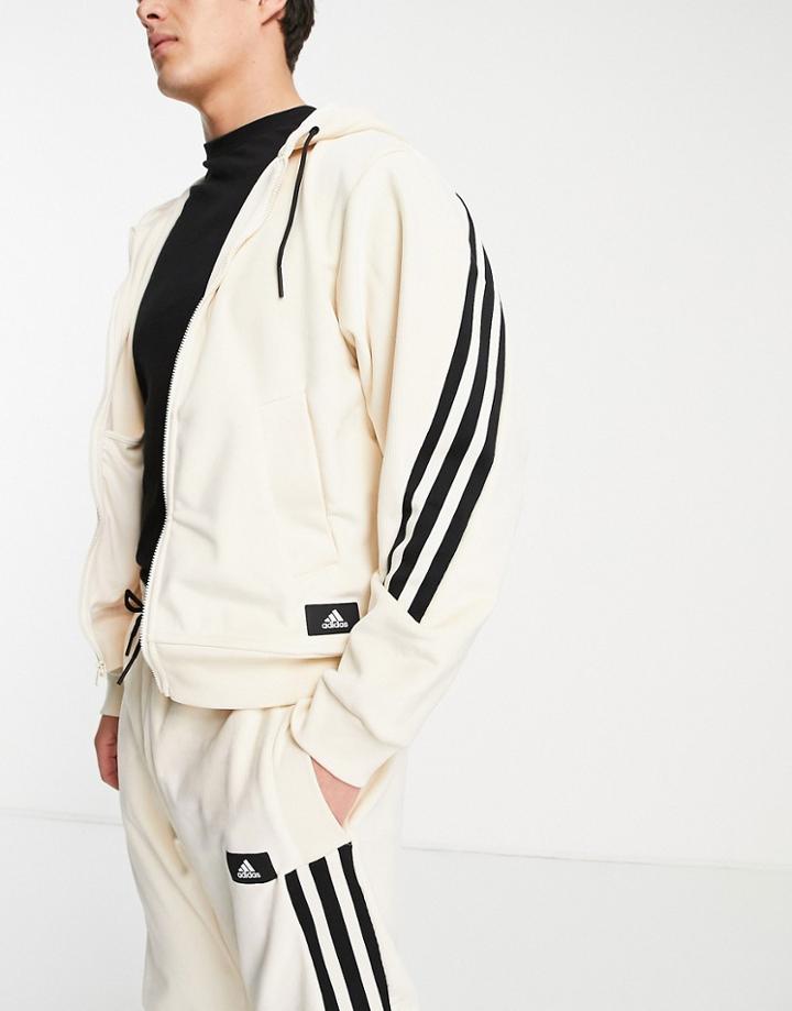 Adidas Primegreen Corduroy Hoodie With Contrast Three Stripes In Off White