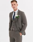 Asos Design Wedding Skinny Suit Jacket In Wool Mix Herringbone In Brown