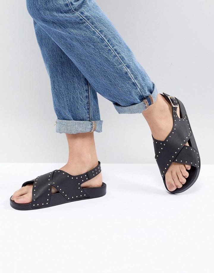 Office Supernova Black Studded Cross Front Sandals - Black