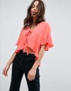Asos Tie Front Blouse With Frill Sleeve - Pink