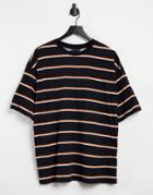 Asos Design Super Oversized T-shirt With Mixed Stripe In Black White And Orange-multi