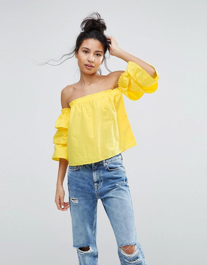 Bershka Layered Frill Sleeve Bardot Top - Yellow