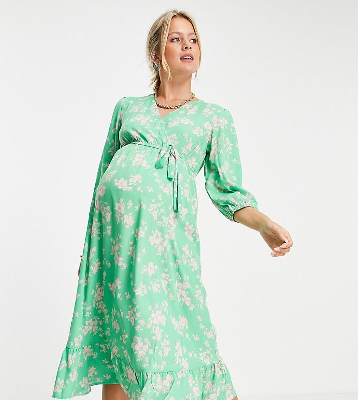 New Look Maternity Wrap Midi Dress In Green Pattern
