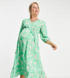 New Look Maternity Wrap Midi Dress In Green Pattern
