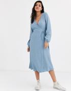 New Look Long Sleeve Wrap Midi Dress In Blue Spot