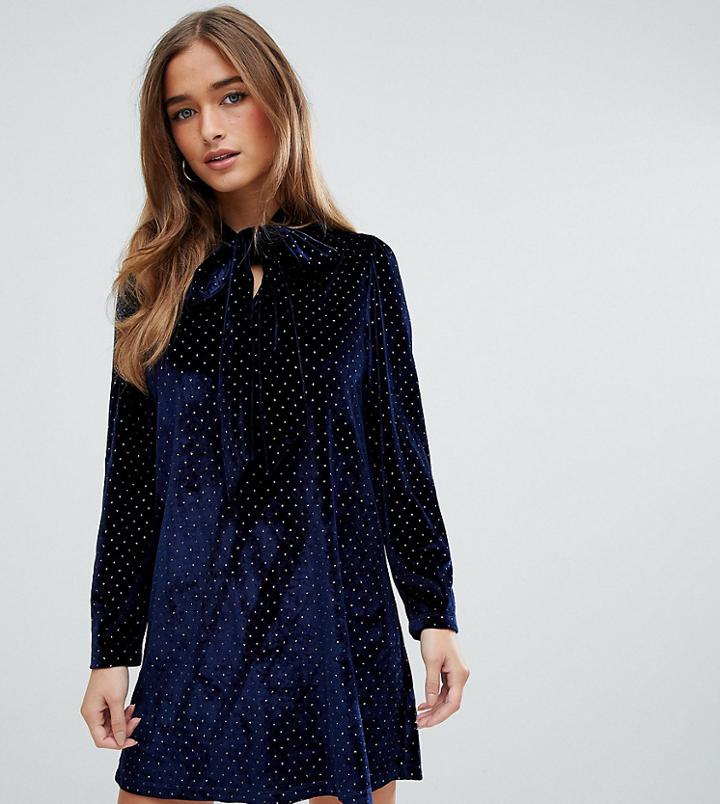 Fashion Union Petite Tie Neck Swing Dress In Heart Print Velvet - Navy