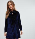 Fashion Union Petite Tie Neck Swing Dress In Heart Print Velvet - Navy