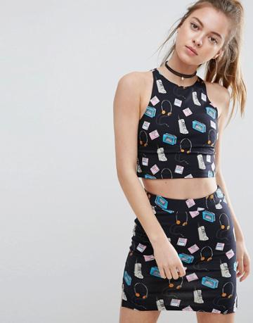 Illustrated People Print Crop Top - Black