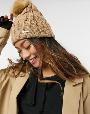 Lipsy Cable Knit Faux Fur Pom-pom Hat In Camel-neutral