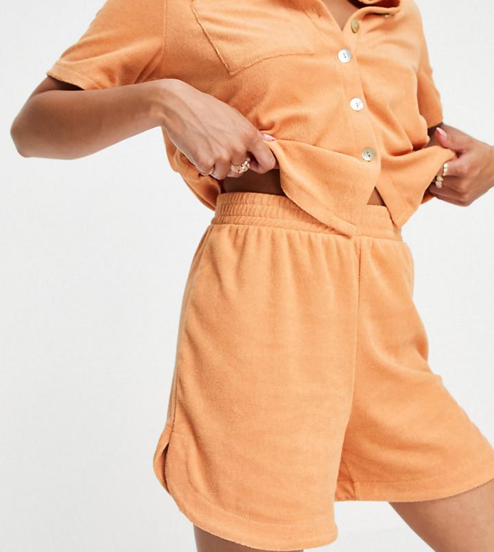 Pieces Petite Cotton Blend Terrycloth Running Shorts In Camel - Part Of A Set-neutral
